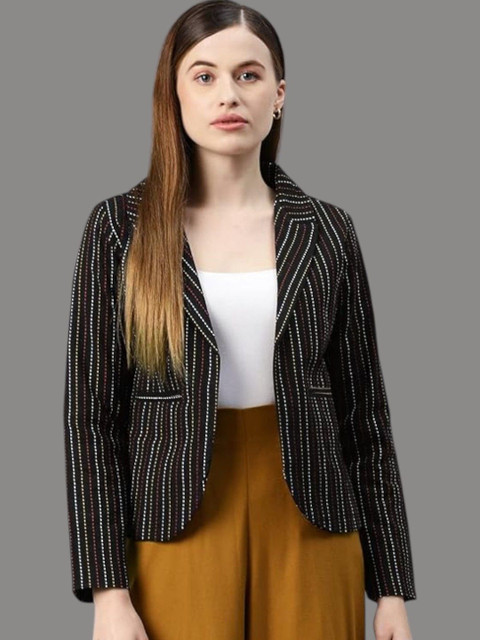 R.Code by The Roadster Life Co. Striped Cotton Open Front Single Breasted Blazer