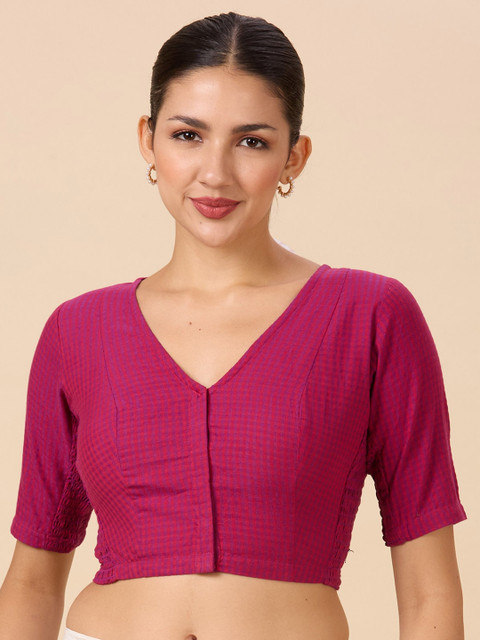 Studio Shringaar Pure Cotton Checked V Neck Saree Blouse