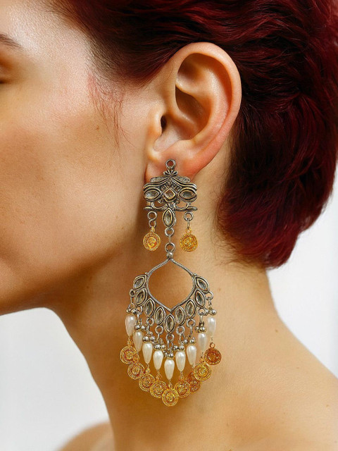BlingNation Dual Toned Pearl Tassel Kundan Chandbali Earrings - Image 3