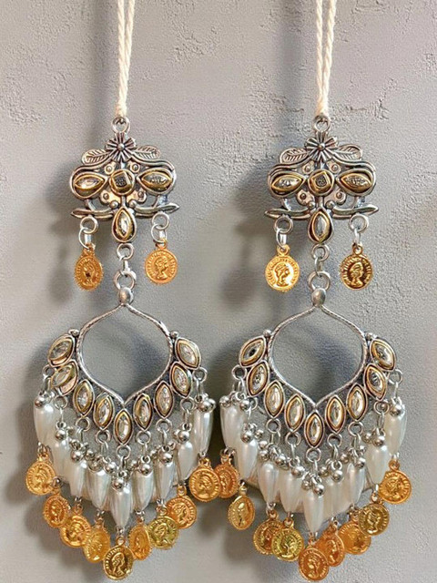 BlingNation Dual Toned Pearl Tassel Kundan Chandbali Earrings - Image 2