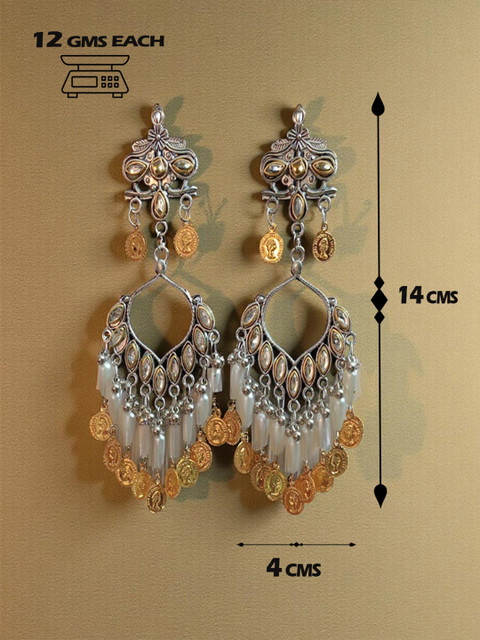 BlingNation Dual Toned Pearl Tassel Kundan Chandbali Earrings - Image 6