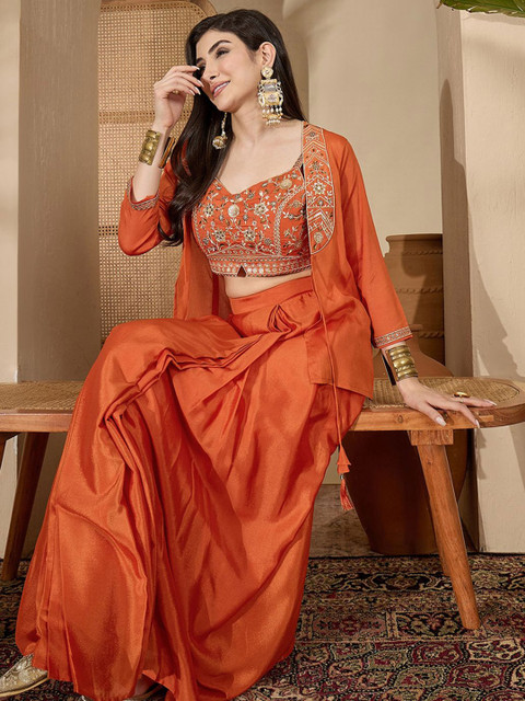 Sangria Zari Sequence Thread Work Crop Top & Pleated Skirt with Shrug Co-Ords