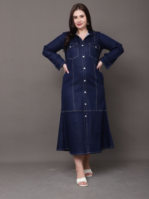 STYLLEY Plus Size Denim Shirt Collar Maxi Dress