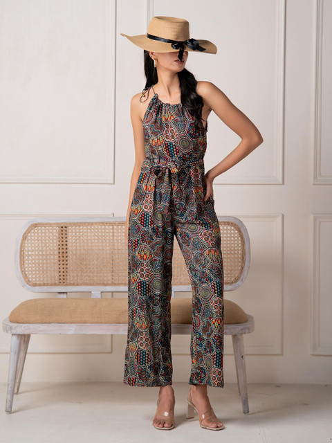 Juniper Abstract Printed Round Neck Sleeveless Basic Jumpsuit With Belt