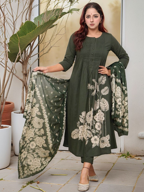 Aaghnya Floral Printed Round Neck Pleated A-line Kurta With Trousers & Dupatta