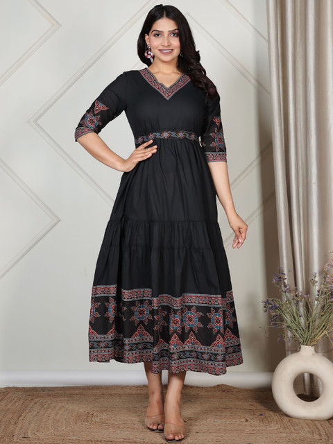 Aramya Ethnic Motifs Printed Fit & Flared Pure Cotton Midi Ethnic Dress
