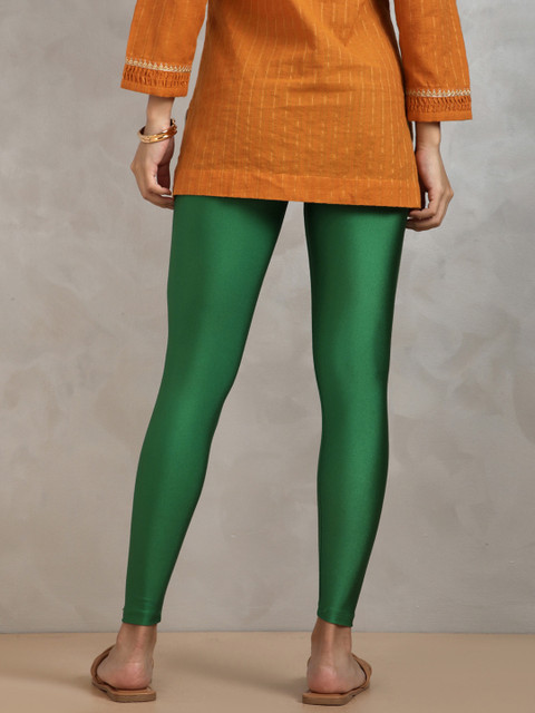 TWIN BIRDS Women Nylon Solid Green Shimmer Leggings - Image 3