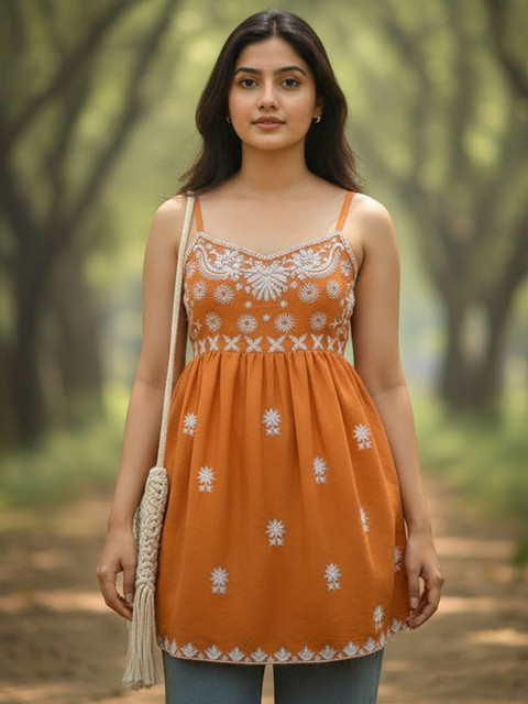 GoSriKi Floral Embroidered Shoulder Straps Thread Work A-Line Kurti