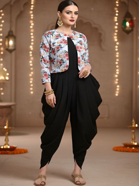 Lihana Women Printed Jacket With Solid Dhoti Jumpsuit
