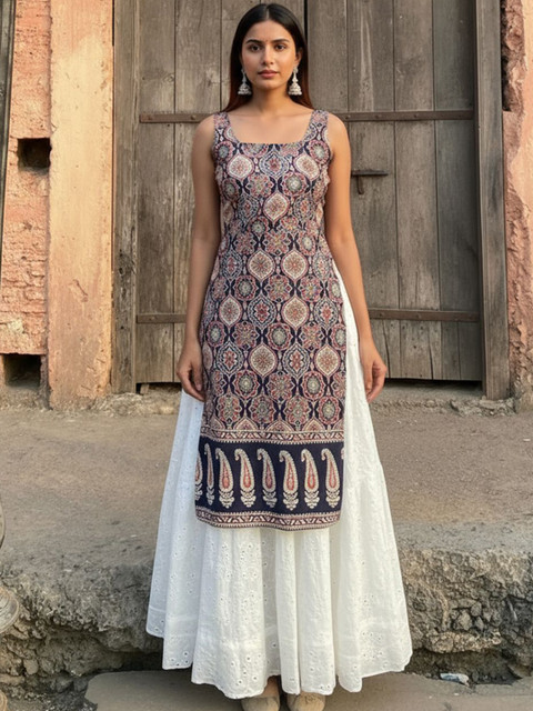 SZN Ethnic Motifs Printed Square Neck Straight Kurta