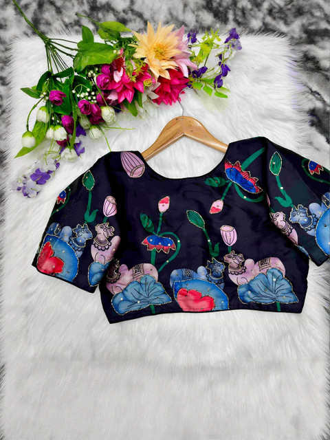 Blouseji Lotus & Cow Printed Beads and Stones Saree Blouse