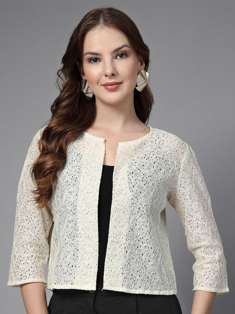 Style Quotient Self Design Mandarin Collar Open Front Crop Cotton Shrug