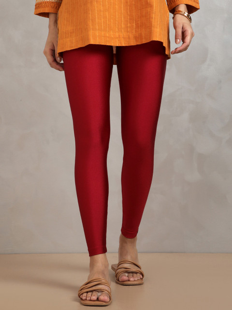 TWIN BIRDS Women Nylon Solid Red Shimmer Legging
