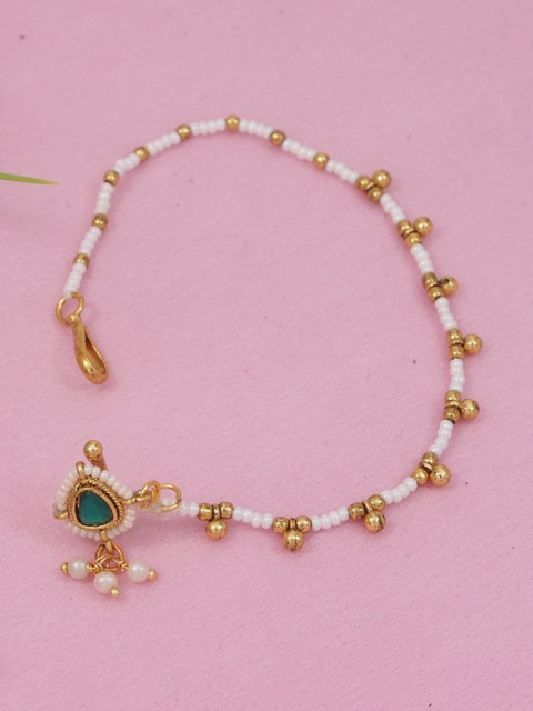 I Jewels Gold-Plated Artificial Stones Studded & Pearls Beaded Chained Nosepin