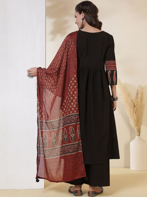 KIMAYRA Ethnic Motifs Printed V-Neck Mirror Work A-Line Kurta With Palazzos & Dupatta - Image 5