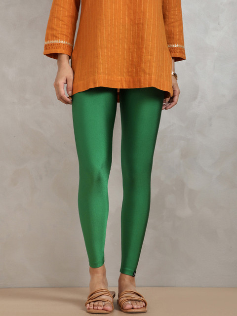 TWIN BIRDS Women Nylon Solid Green Shimmer Leggings
