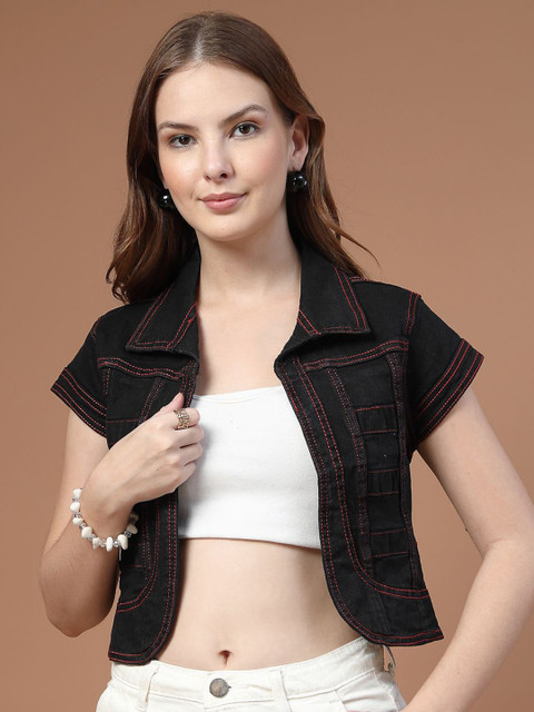 Style Quotient Mandarin Collar Open Front Crop Cotton Shrug