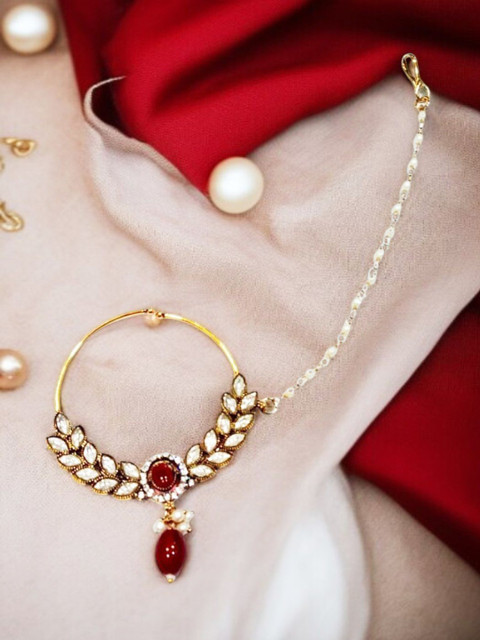 ANIKAS CREATION Gold-Plated Kundan Studded And Pearls Beaded Chained Nosepin