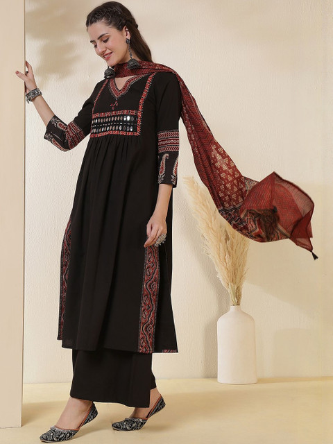 KIMAYRA Ethnic Motifs Printed V-Neck Mirror Work A-Line Kurta With Palazzos & Dupatta - Image 4