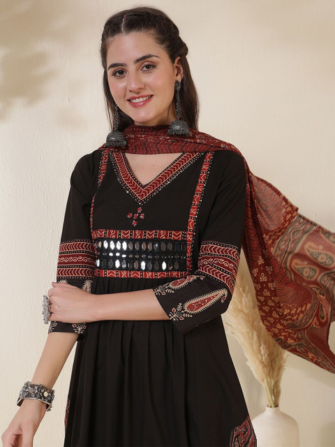 KIMAYRA Ethnic Motifs Printed V-Neck Mirror Work A-Line Kurta With Palazzos & Dupatta - Image 2