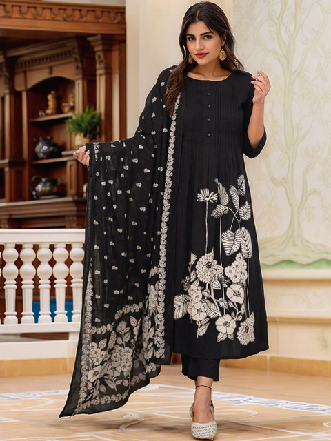 Aaghnya Floral Printed Round Neck Pleated A-Line Kurta With Trousers & Dupatta