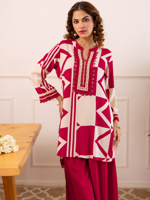 Nehamta Geometric Printed Three-Quarter Sleeve Mandarin Collar Tunic With Palazzos