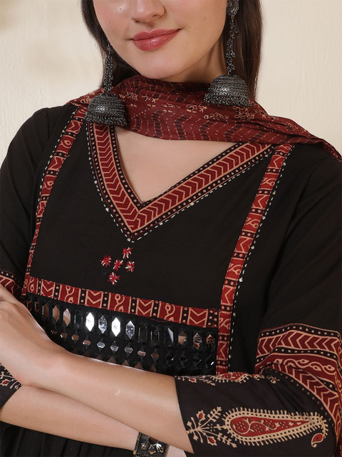 KIMAYRA Ethnic Motifs Printed V-Neck Mirror Work A-Line Kurta With Palazzos & Dupatta - Image 6