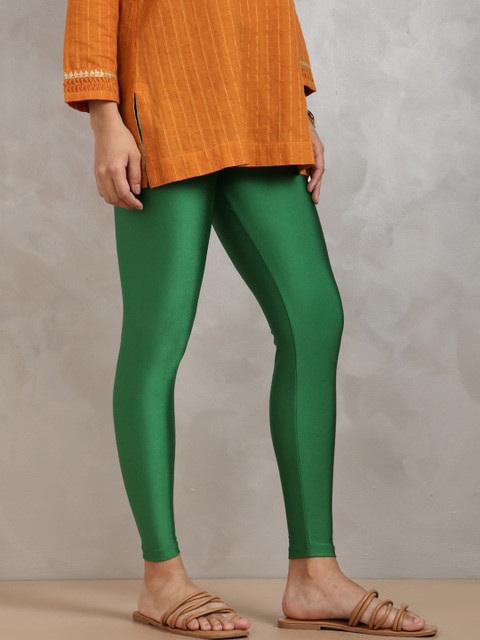 TWIN BIRDS Women Nylon Solid Green Shimmer Leggings - Image 2