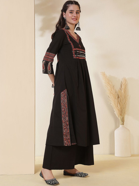 KIMAYRA Ethnic Motifs Printed V-Neck Mirror Work A-Line Kurta With Palazzos & Dupatta - Image 3