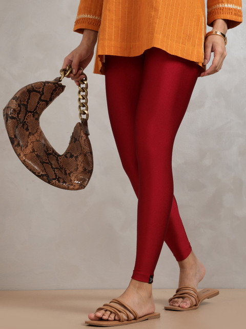 TWIN BIRDS Women Nylon Solid Red Shimmer Legging - Image 4