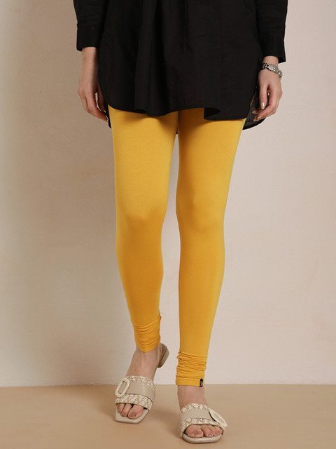 TWIN BIRDS Women Mustard Yellow Solid Churidar-Length Leggings