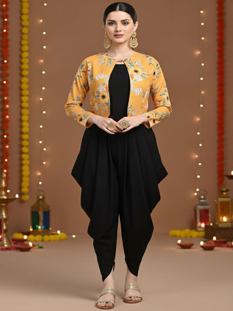 Lihana Solid Basic Printed Jacket with Solid Dhoti Jumpsuit Set