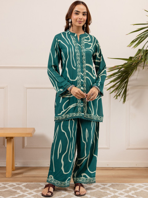 Nehamta Abstract Printed Full Sleeve Mandarin Collar Tunic With Palazzos