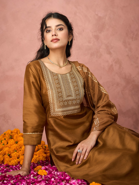 KALINI Ethnic Motifs Yoke Design Thread Work Straight Kurta with Trousers & Dupatta - Image 5