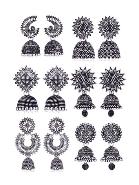 Sangria Set Of 6 Silver Plated Oxidized Jhumka Earrings