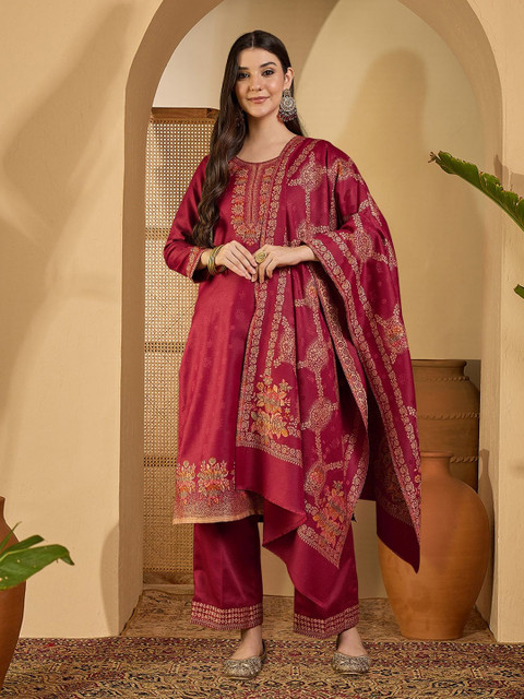 Sangria Ethnic Motifs Woven Design Winter Pashmina Unstitched Dress Material