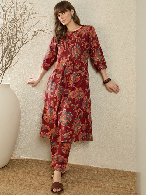 Indo Era Women Floral Printed Pleated Pure Cotton Kurta with Trousers