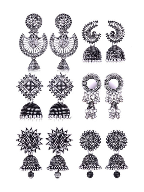 Sangria Set Of 6 Silver Plated Oxidized Jhumka Earrings