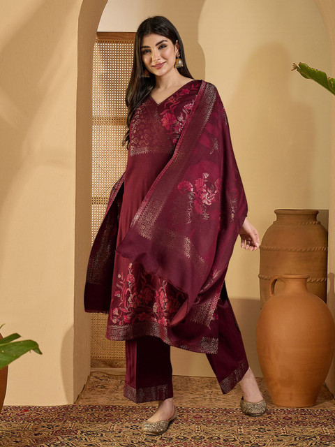 Sangria Ethnic Motifs Woven Design Winter Pashmina Unstitched Dress Material