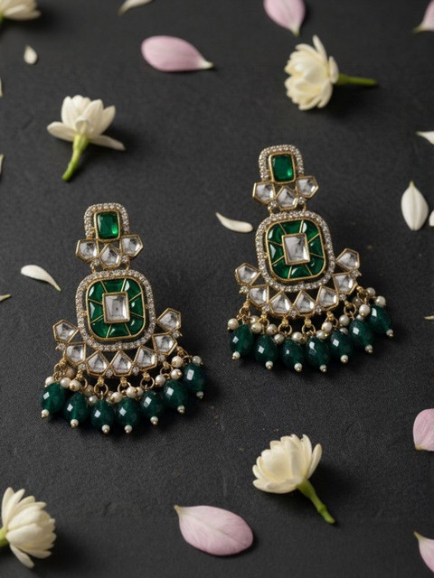 MEIRA JEWELLERY Gold Plated Artificial Stone Studded & Beaded Drop Earrings