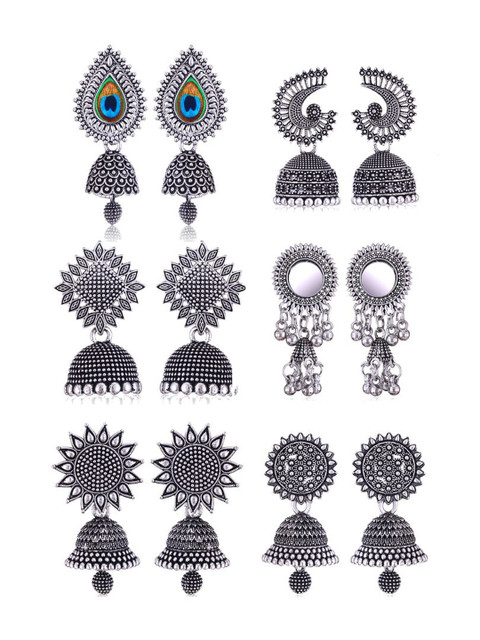 Sangria Set Of 6 Silver Plated Oxidized Jhumka Earrings