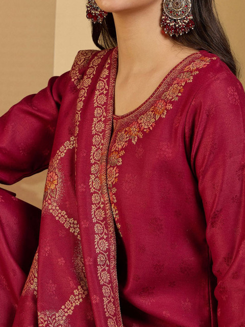 Sangria Ethnic Motifs Woven Design Winter Pashmina Unstitched Dress Material - Image 2