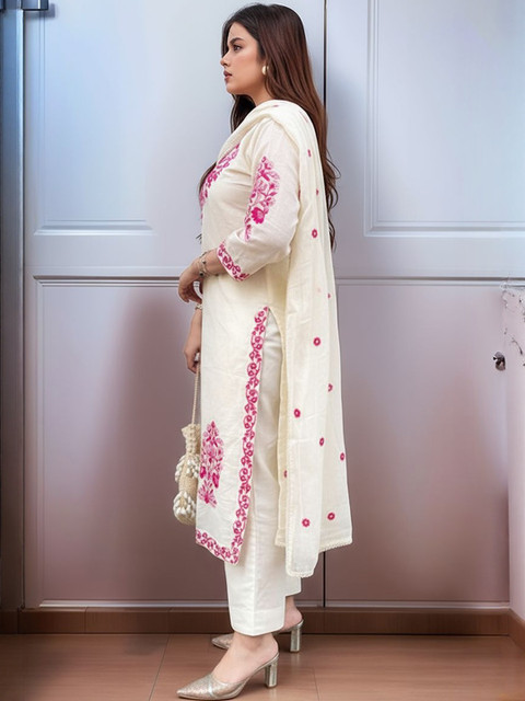 Aaghnya Women Ethnic Motifs Embroidered Regular Thread Work Kurta with Trousers & With Dupatta - Image 2