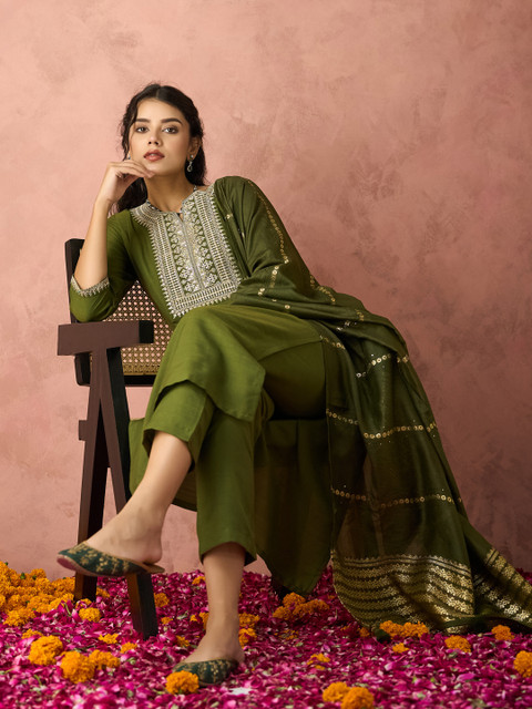KALINI Ethnic Motifs Embroidered Straight Kurta With Trousers & Dupatta