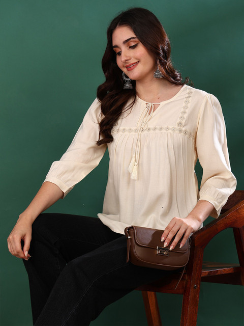 YASH GALLERY Women Embroidered Keyhole Neck Top