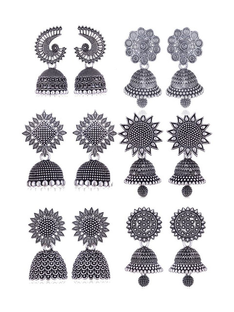 Sangria Set Of 6 Silver Plated Oxidized Jhumka Earrings