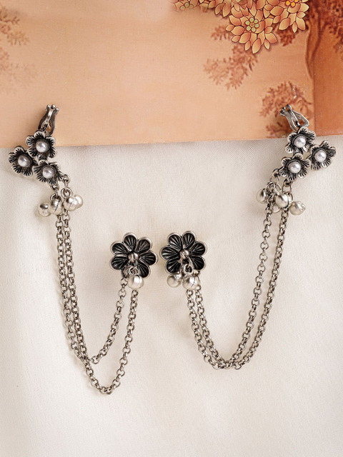 KARATCART Silver-Plated Artificial Stones Studded Floral Ear Cuff Earrings