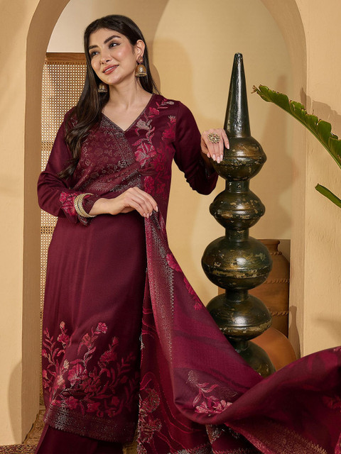 Sangria Ethnic Motifs Woven Design Winter Pashmina Unstitched Dress Material - Image 7