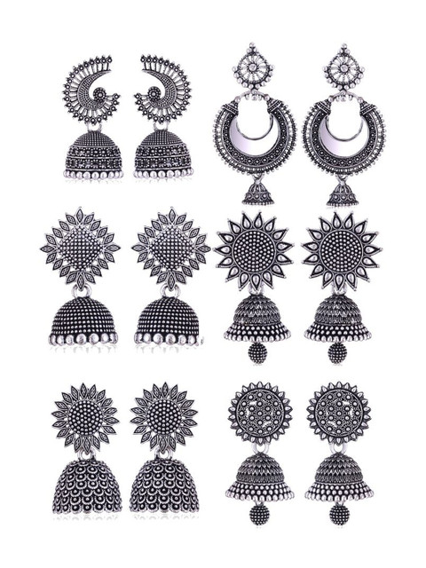 Sangria Set Of 6 Silver Plated Oxidized Jhumka Earrings