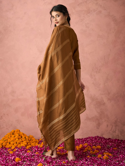 KALINI Ethnic Motifs Yoke Design Thread Work Straight Kurta with Trousers & Dupatta - Image 4